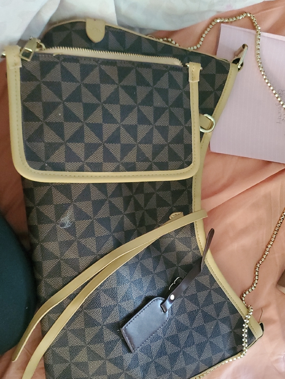 Medium Brown Louis Geometric Checkered Tote + mini bag. Shoulder Strap/ Chain.